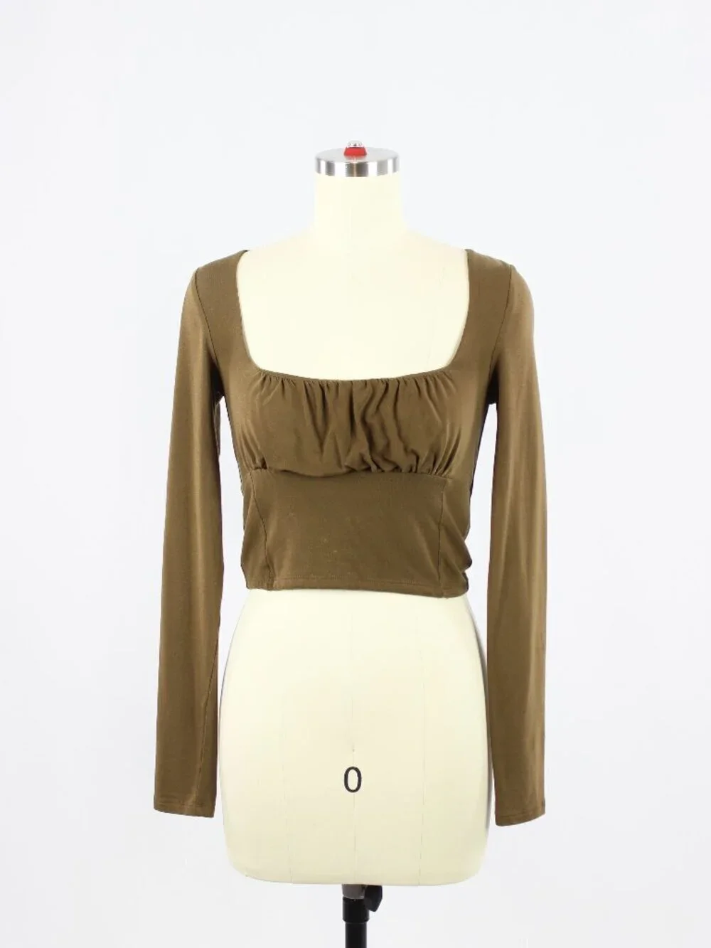 Aritzia WILFRED FREE Orbit Brown Jersey Ruched Long Sleeve Cropped Top, Size S - Picture 1 of 13